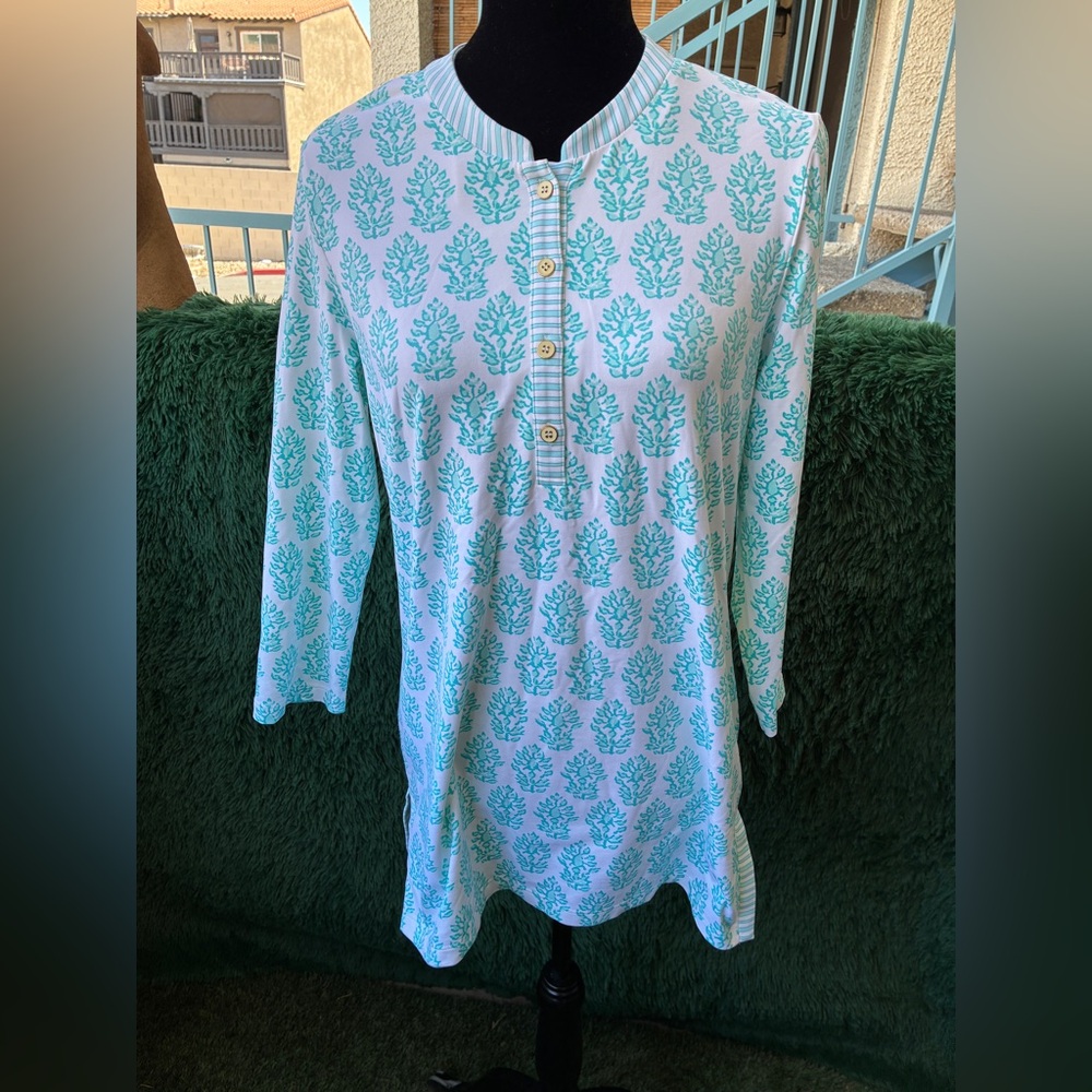 J.McLaughlin Large White Teal Catalina Cloth Tunic 3/4 Sleeve Button